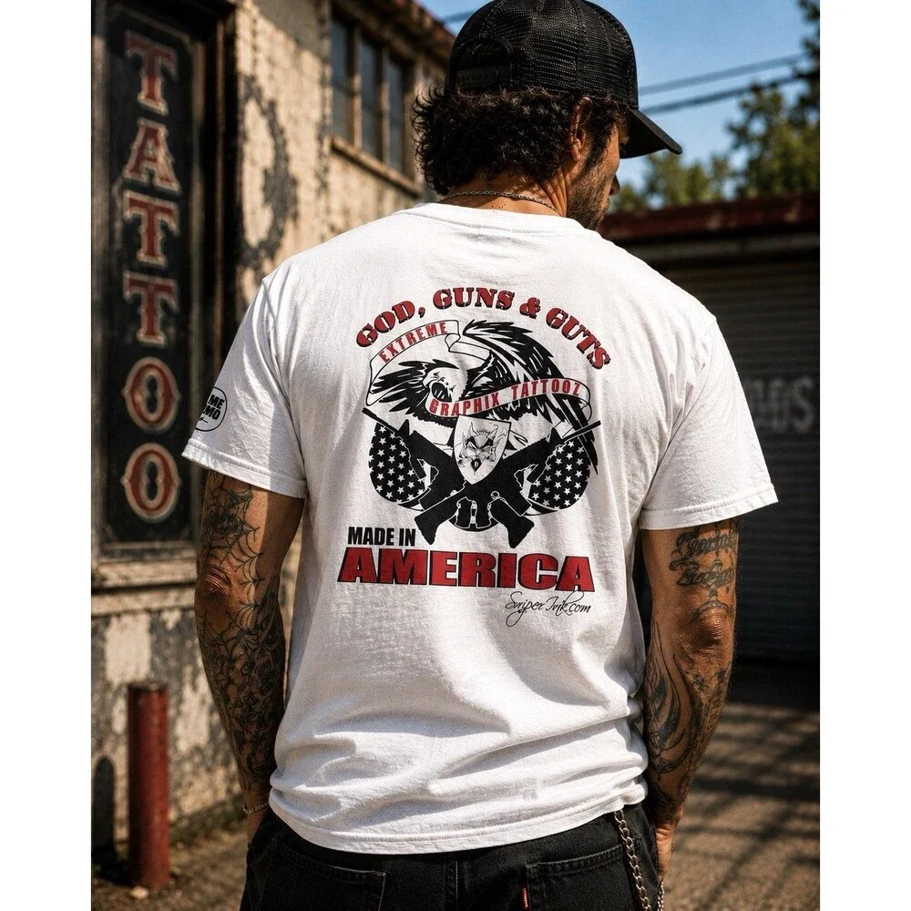 Gildan Graphic T Shirt Mens XL White God Guns Guts Biker Tattoo America Tee‎